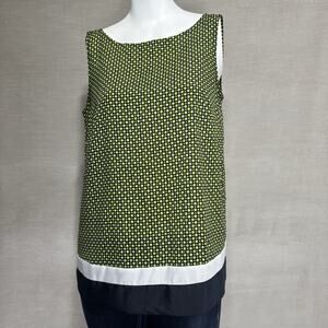 LOFT Women's Top Blouse Navy Blue Lime Green Tie Back Geometric XS